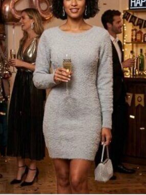 Soft Textured Long-Sleeve Fuzzy  Sheath Dress in Light Gray